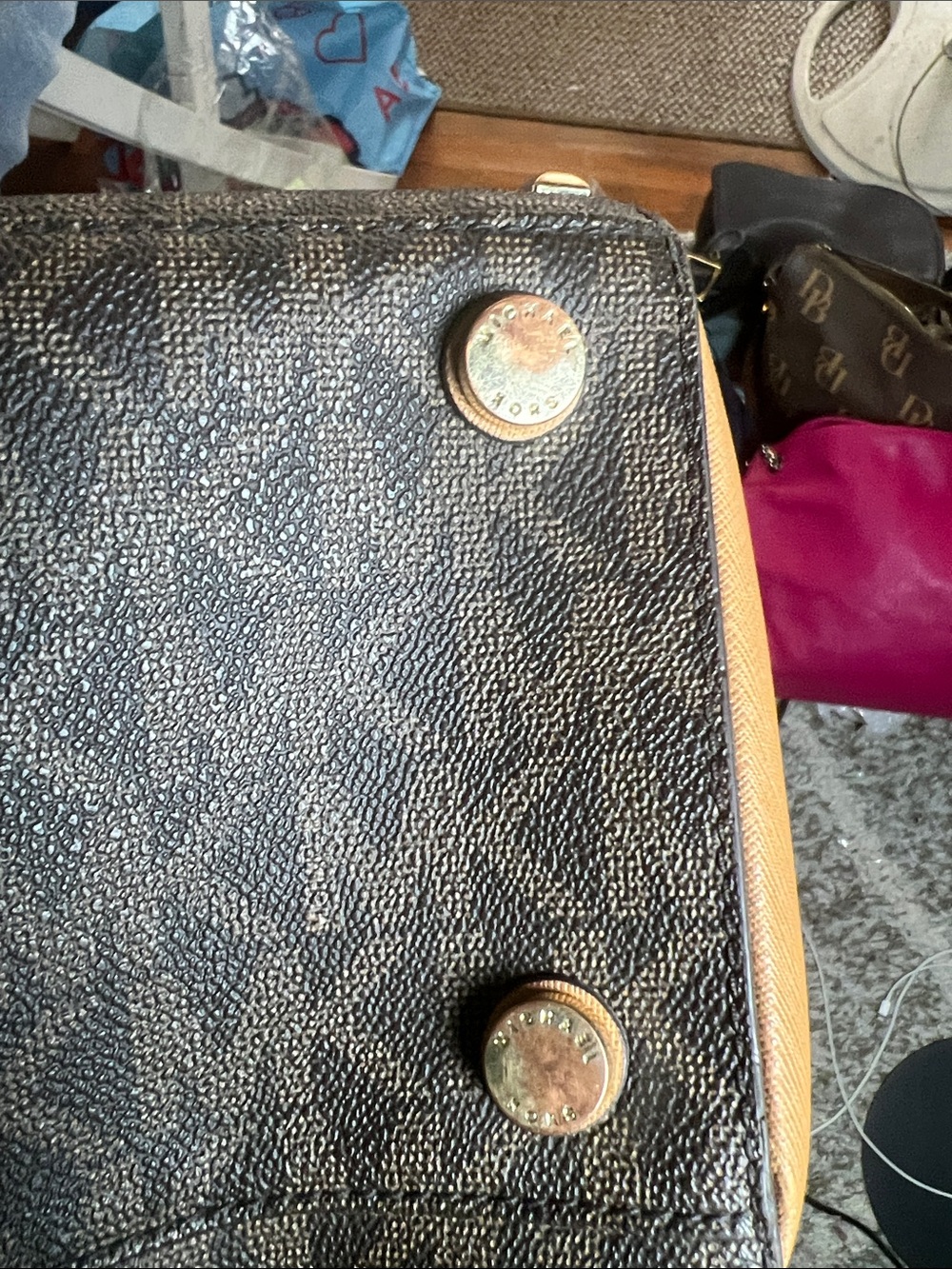 Michael Kors Brown Monogram Satchel with Tan Trim and Studs - Picture 3 of 5